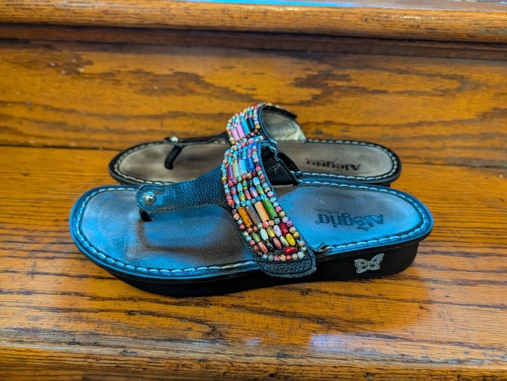 Algeria Carina Bead Party Black Leather Thong Sandals Women's 9, 39 Shoes